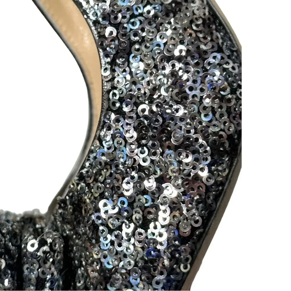KATE SPADE Charm Micro Sequin Silver Slingback Pumps Heels Peep Toe Bow 8